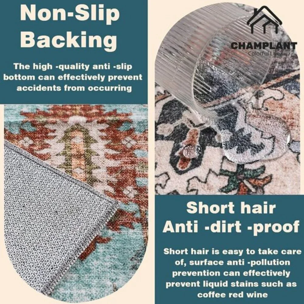 New 6x9 Dark Blue Vintage Rug, Washable Non-Slip Carpet for Home or Room Decor